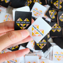 Load image into Gallery viewer, The Weekend Quilter Made with Love woven labels for handmade and clothing items in ivory and midnight black