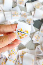 Load image into Gallery viewer, The Weekend Quilter Made with Love woven labels for handmade and clothing items in ivory and midnight black