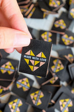 Load image into Gallery viewer, The Weekend Quilter Made with Love woven labels for handmade and clothing items in ivory and midnight black