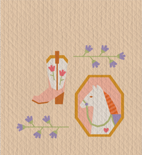 Load image into Gallery viewer, Petals & Stable Mini Quilt Pattern Bundle by The Weekend Quilter featuring three modern foundation paper pieced mini quilt designs: Desert Mare horse quilt block, Blushing Boot cowboy boot quilt block with tulips, and Wildflower Vine floral quilt block. Includes baby and throw size quilt layout instructions. Western and floral-themed quilting pattern bundle for modern quilters.