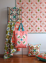 Load image into Gallery viewer, The Weekend Quilter Garden Tile Quilt Pattern for advanced beginners in Throw and Baby Size Quilts Fabric.com National Quilting Month Projects - Cushion Table Runner and Tote Bag