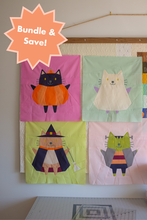 Load image into Gallery viewer, Four colorful cat-themed fabric panels on a wall with a &#39;Bundle &amp; Save!&#39; label. The Weekend Quilter Halloween Catwalk Series Hattie Cat Mini Quilt Pattern