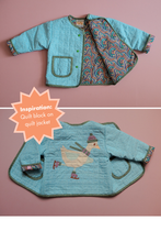 Load image into Gallery viewer, A quilted baby jacket with The Weekend Quilter Frosty Flappers quilt block (Beaks on Ice Series) shown from two angles on a dusty pink background. The front view shows a light blue exterior with green trim and a patterned lining in teal, orange, and brown. 