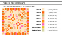 Load image into Gallery viewer, Midnight Medallion quilt Fabric requirements chart for a quilt with fabric quantities listed.
