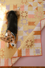 Load image into Gallery viewer, Dog lying on a colorful Midnight Medallion quilt with geometric patterns
