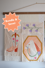 Load image into Gallery viewer, Petals &amp; Stable Mini Quilt Pattern Bundle by The Weekend Quilter featuring three modern foundation paper pieced mini quilt designs: Desert Mare horse quilt block, Blushing Boot cowboy boot quilt block with tulips, and Wildflower Vine floral quilt block. Includes baby and throw size quilt layout instructions. Western and floral-themed quilting pattern bundle for modern quilters.