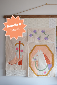 Petals & Stable Mini Quilt Pattern Bundle by The Weekend Quilter featuring three modern foundation paper pieced mini quilt designs: Desert Mare horse quilt block, Blushing Boot cowboy boot quilt block with tulips, and Wildflower Vine floral quilt block. Includes baby and throw size quilt layout instructions. Western and floral-themed quilting pattern bundle for modern quilters.