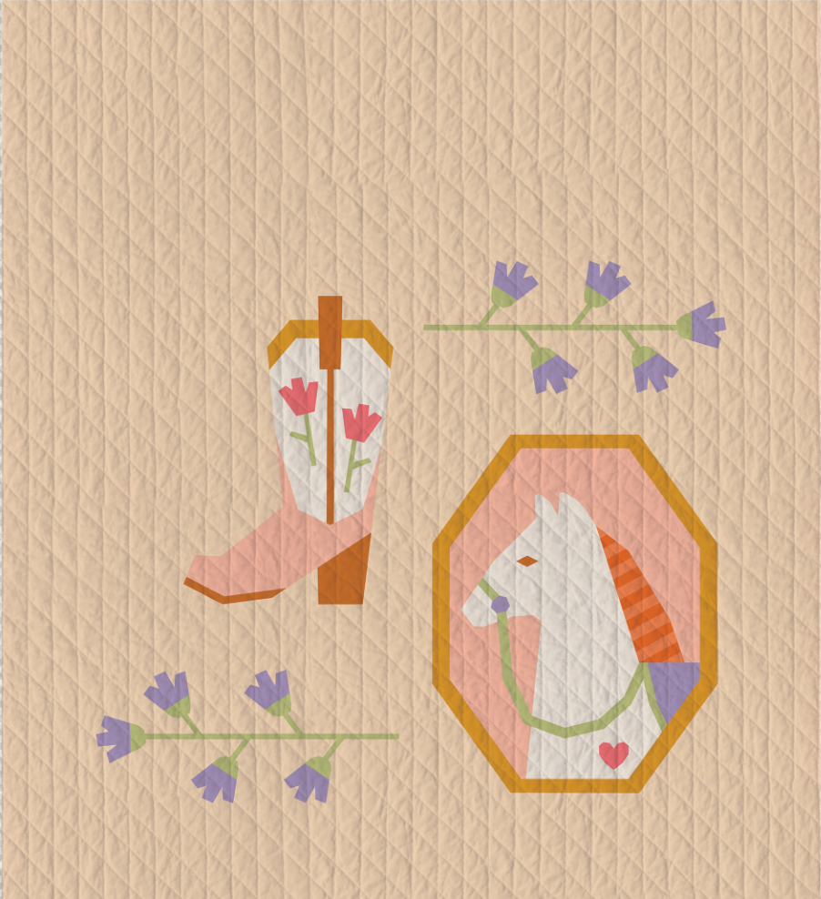 Petals & Stable Mini Quilt Pattern Bundle by The Weekend Quilter featuring three modern foundation paper pieced mini quilt designs: Desert Mare horse quilt block, Blushing Boot cowboy boot quilt block with tulips, and Wildflower Vine floral quilt block. Includes baby and throw size quilt layout instructions. Western and floral-themed quilting pattern bundle for modern quilters.