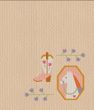 Load image into Gallery viewer, Petals &amp; Stable Mini Quilt Pattern Bundle by The Weekend Quilter featuring three modern foundation paper pieced mini quilt designs: Desert Mare horse quilt block, Blushing Boot cowboy boot quilt block with tulips, and Wildflower Vine floral quilt block. Includes baby and throw size quilt layout instructions. Western and floral-themed quilting pattern bundle for modern quilters.