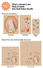 Load image into Gallery viewer, Petals &amp; Stable Mini Quilt Pattern Bundle by The Weekend Quilter featuring three modern foundation paper pieced mini quilt designs: Desert Mare horse quilt block, Blushing Boot cowboy boot quilt block with tulips, and Wildflower Vine floral quilt block. Includes baby and throw size quilt layout instructions. Western and floral-themed quilting pattern bundle for modern quilters.