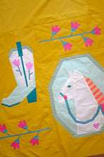 Load image into Gallery viewer, Petals &amp; Stable Mini Quilt Pattern Bundle by The Weekend Quilter featuring three modern foundation paper pieced mini quilt designs: Desert Mare horse quilt block, Blushing Boot cowboy boot quilt block with tulips, and Wildflower Vine floral quilt block. Includes baby and throw size quilt layout instructions. Western and floral-themed quilting pattern bundle for modern quilters.