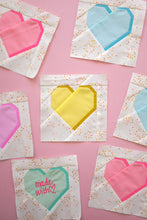 Load image into Gallery viewer, Sweet Notes Valentine’s Day heart candy foundation paper pieced mini quilt block by The Weekend Quilter